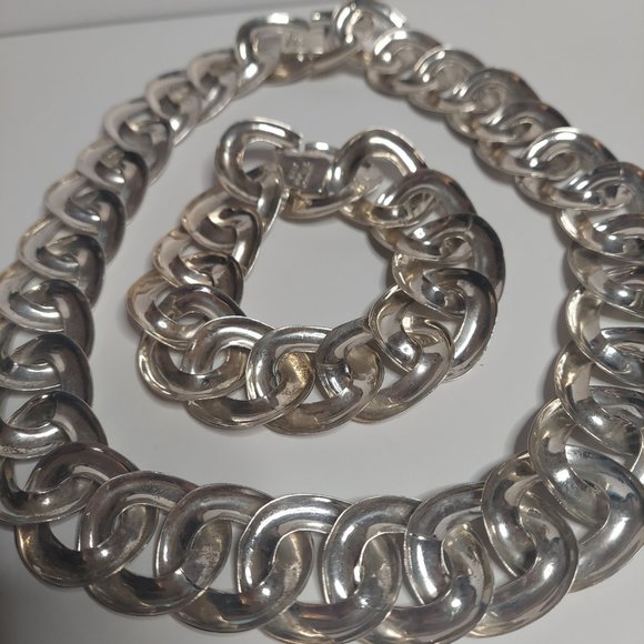 VINTAGE MEXICO STERLING SILVER NECKLACE & BRACELET BIG LINK CHAIN JEWELRY SET